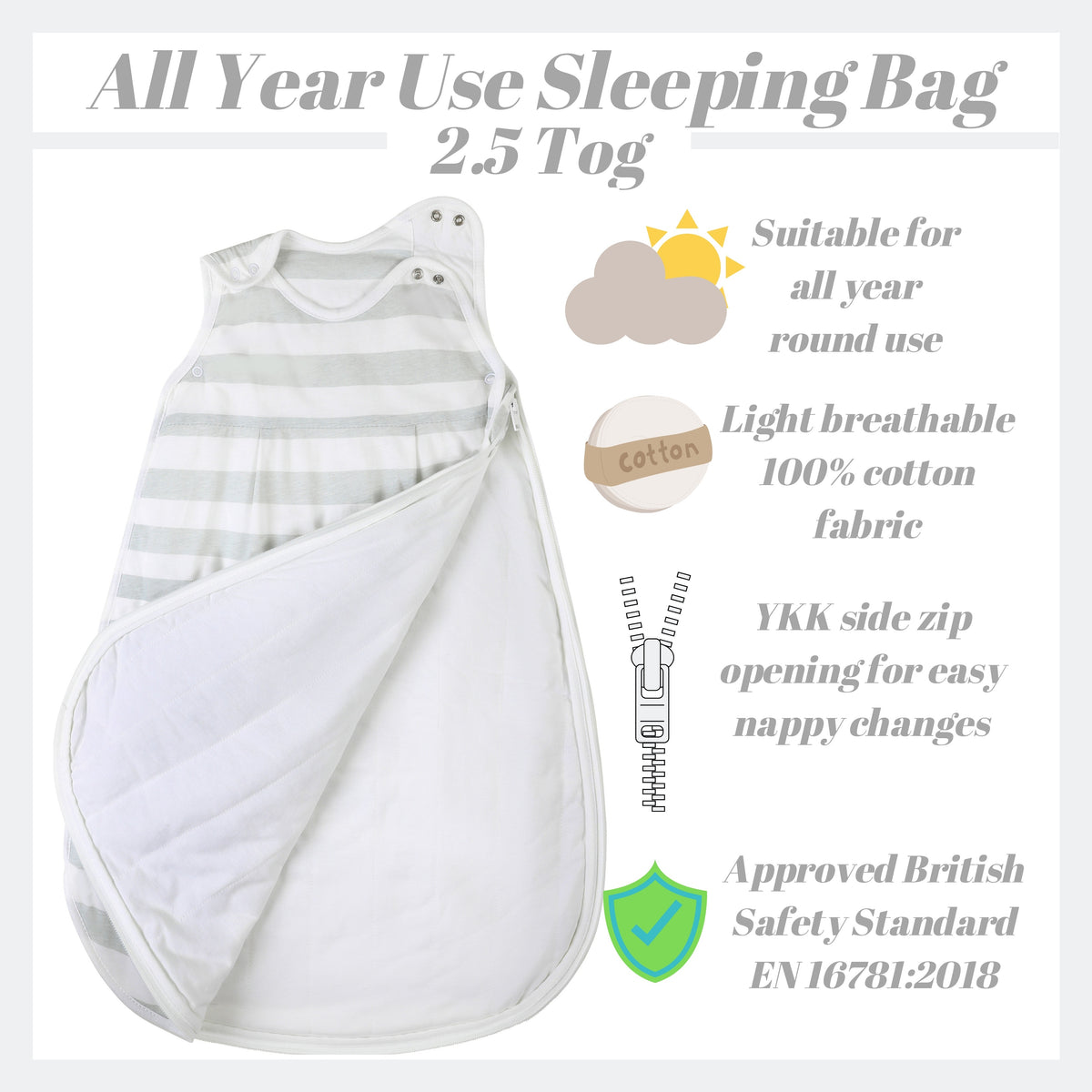 Snoozebag Toddler Sleeping Bag Grey Stripe 3-6 Years Tog