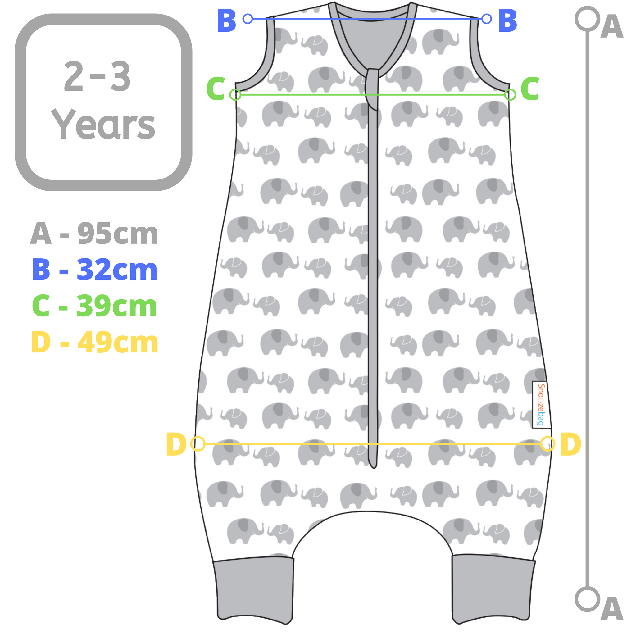 Snoozebag With Feet - Baby Sleeping Bag With Non Slip Feet 2-3 Years 2.5 Tog - Elephant Love
