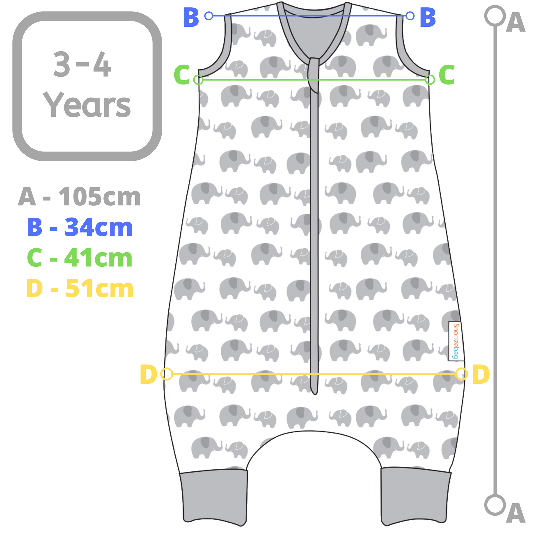 Snoozebag With Feet - Baby Sleeping Bag With Non Slip Feet 3-4 Years 2.5 Tog - Elephant Love