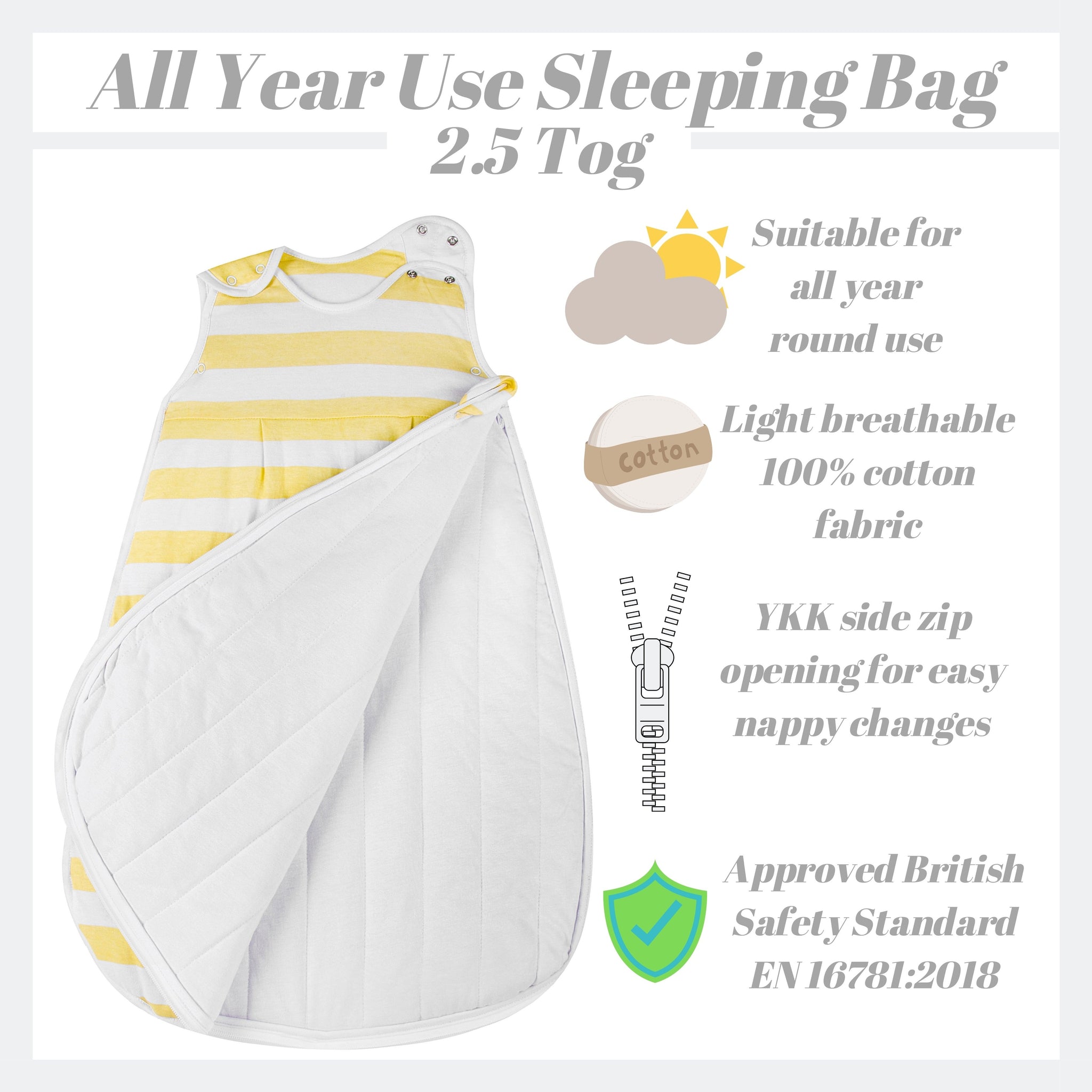 Snoozebag Baby Sleeping Bag Lemon Stripe 18-36 Months - 2.5 Tog