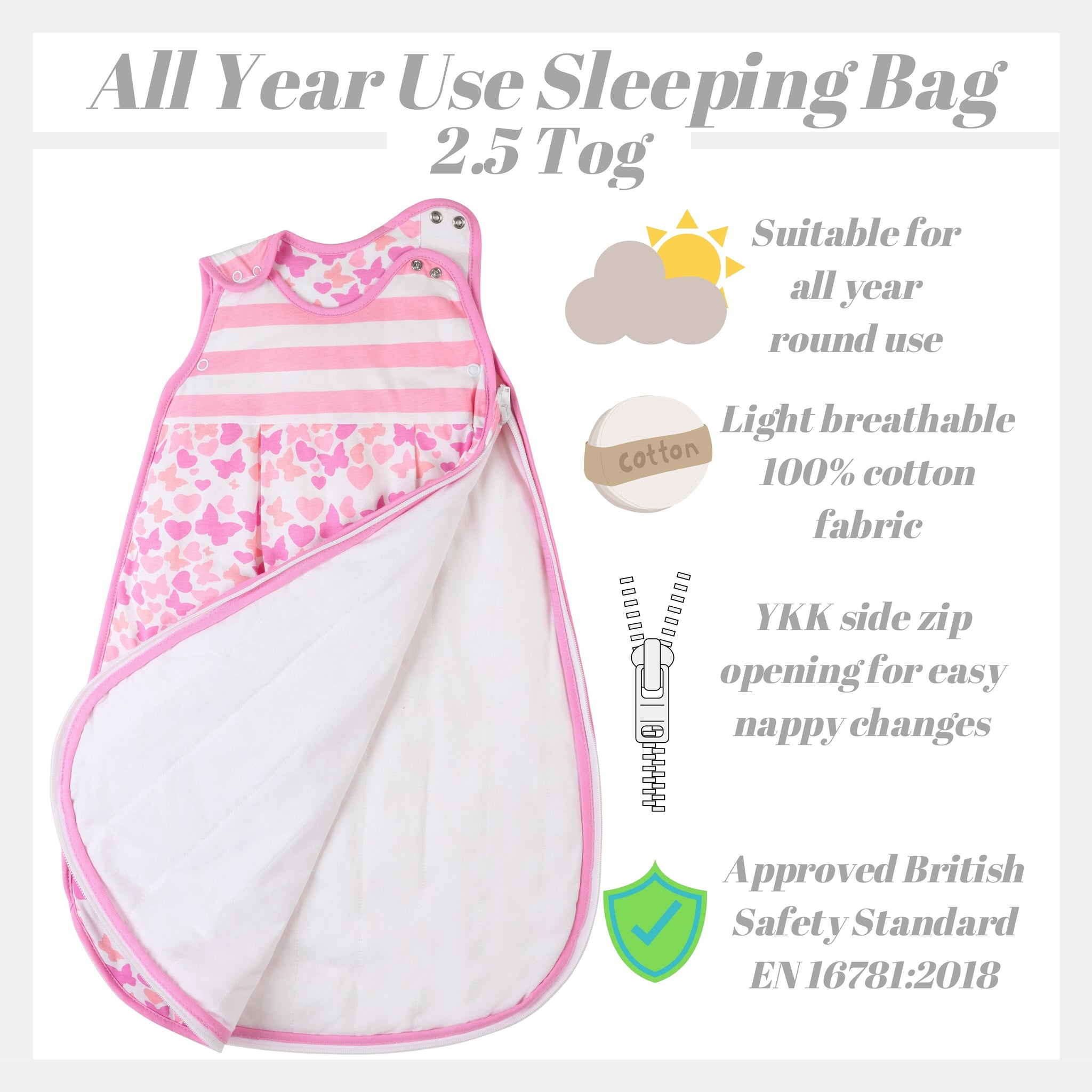 Snoozebag Baby Sleeping Bag Butterflies & Hearts 0-6 Months - 2.5 Tog