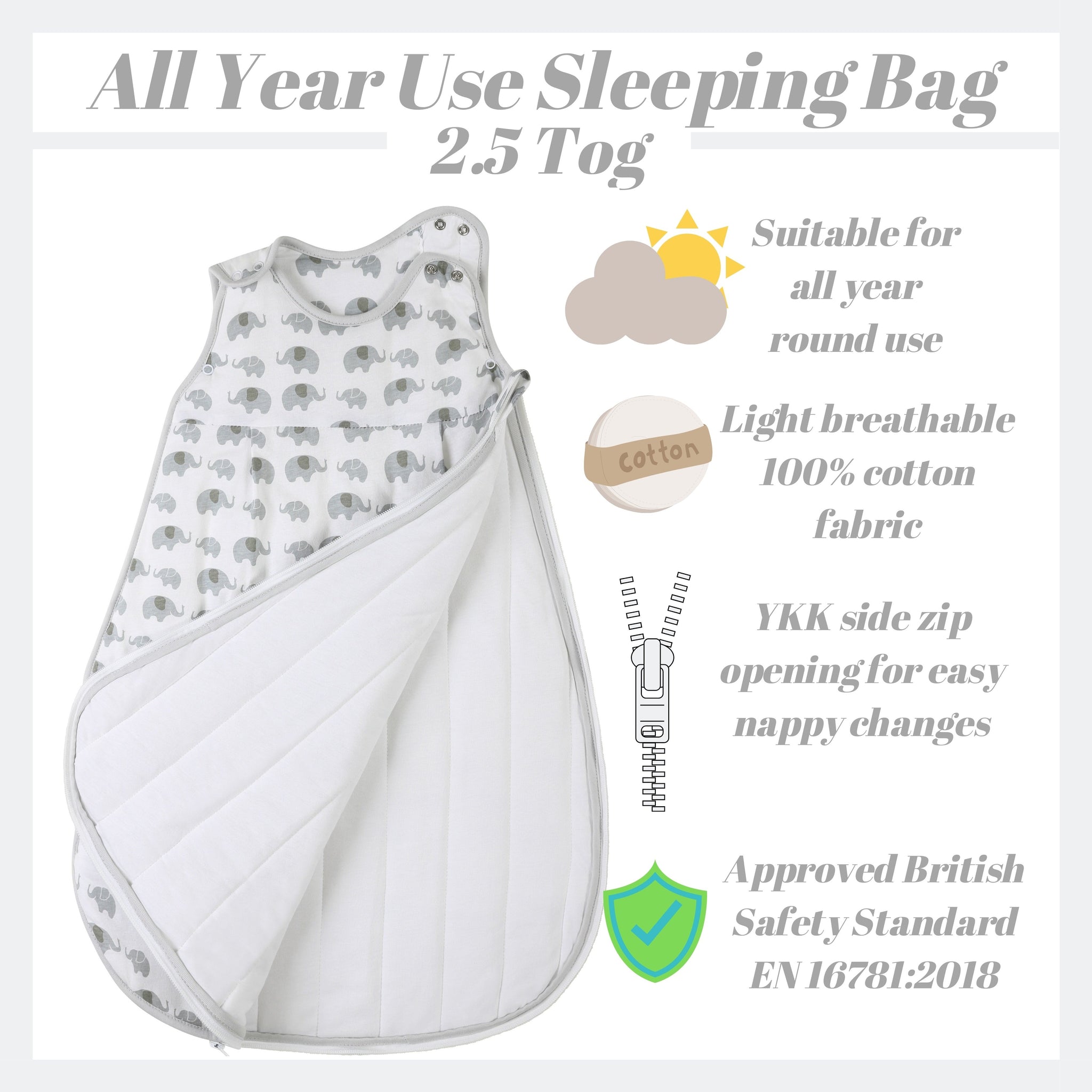 Snoozebag Baby Sleeping Bag - Elephant Love - 2.5 Tog