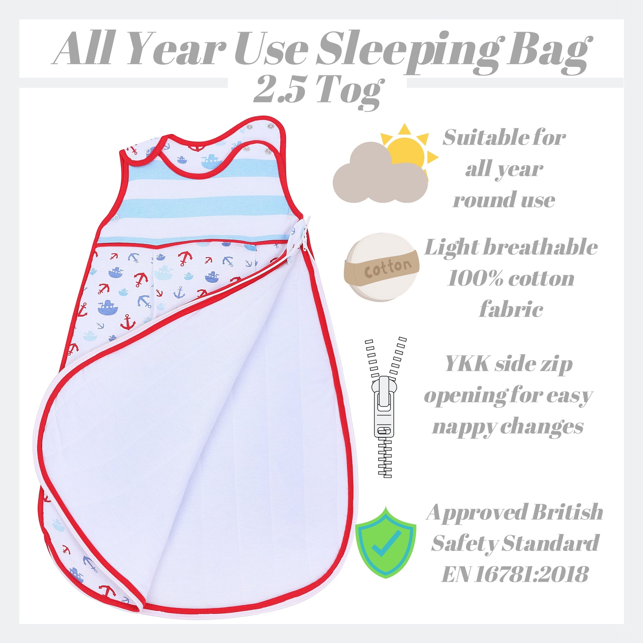 Snoozebag Baby Sleeping Bag Boats & Anchors 18-36 Months - 2.5 Tog