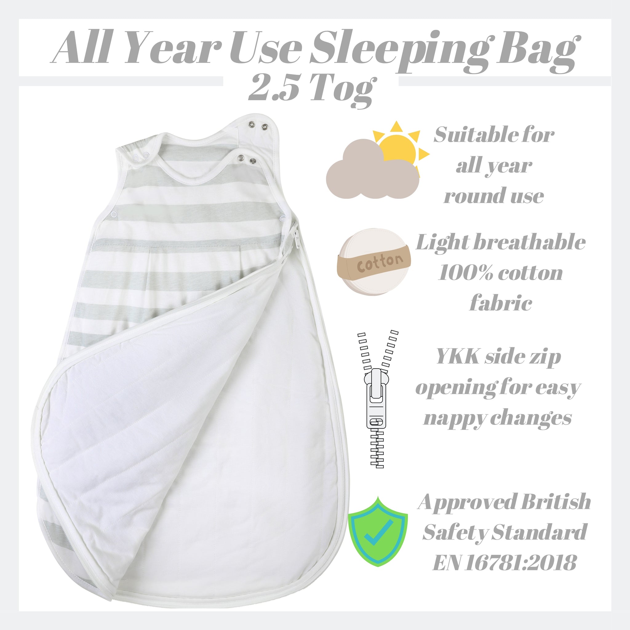 Snoozebag Baby Sleeping Bag Grey Stripe 0-6 Months - 2.5 Tog