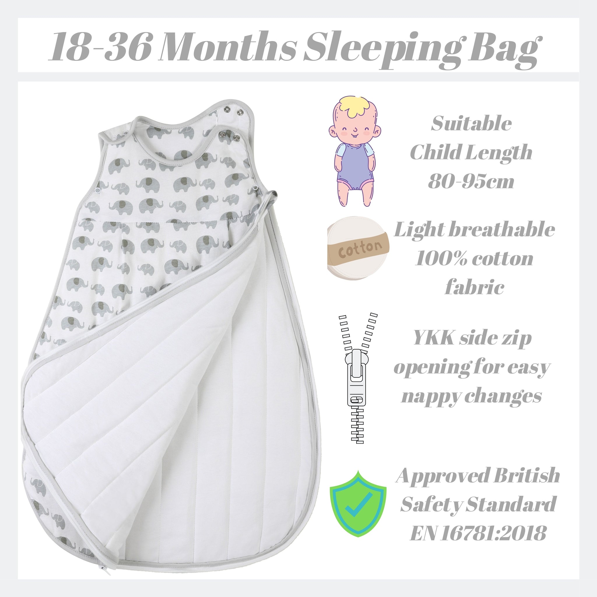 Snoozebag Baby Sleeping Bag Elephant Love 18-36 Months - 2.5 Tog